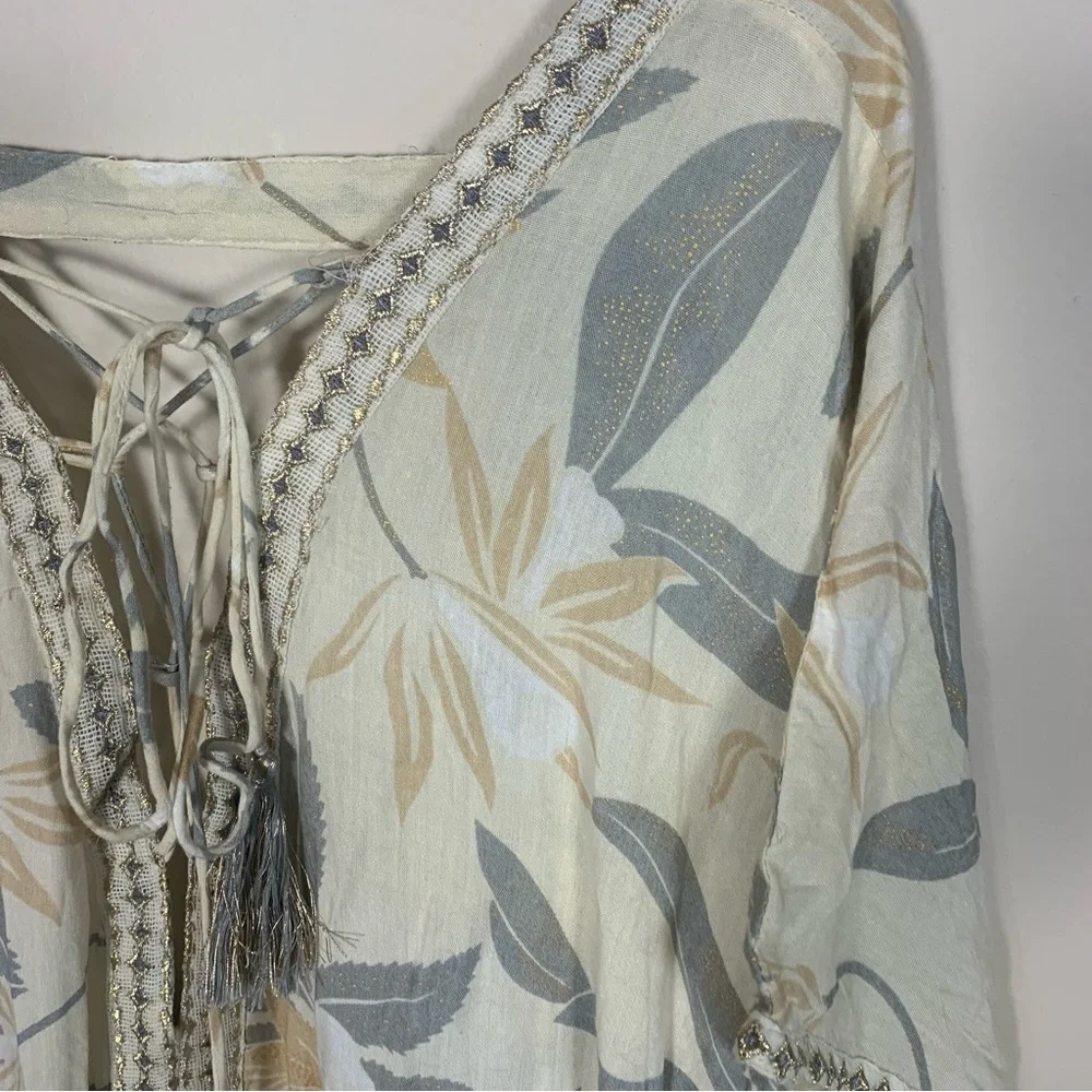 Z&L Tropical Leaf Print Kaftan Maxi Dress Metallic Embroidery Tassel - Picture 9 of 14